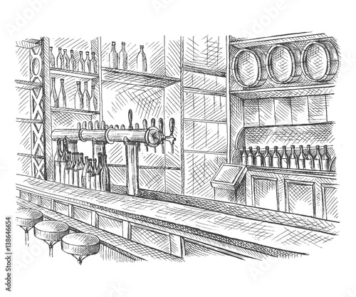 Beer bar pub, long table with chairs in graphic style vector illustration