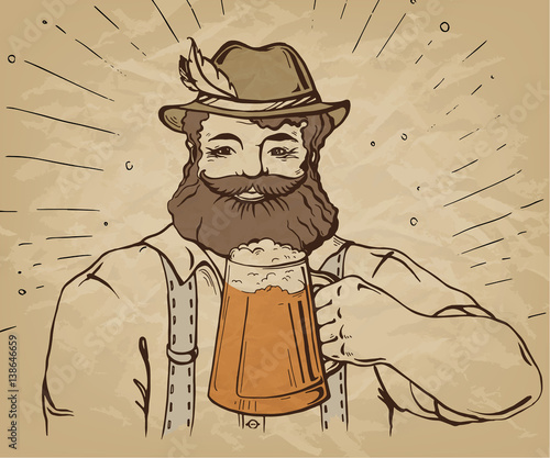 Happy brewer or craftsman's characters holding a mug full of beer in graphic style vector illustration
