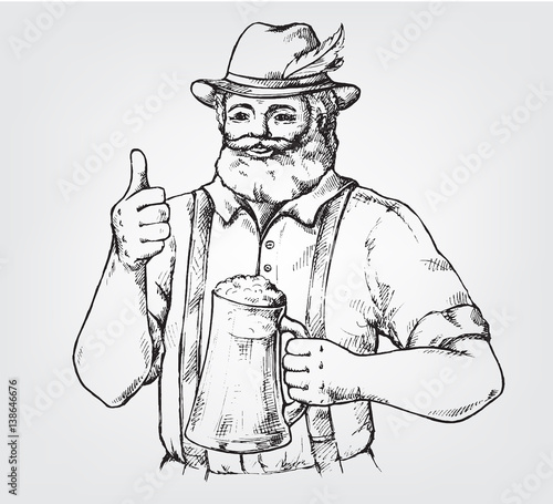 Happy brewer or craftsman's characters holding a mug full of beer in graphic style vector illustration