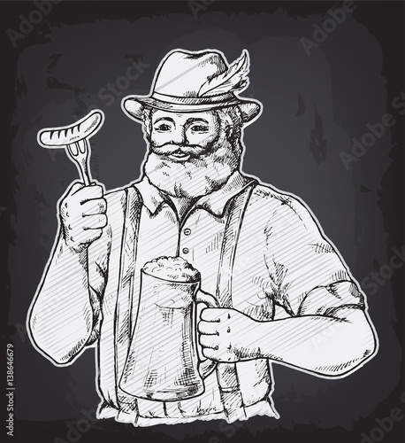 Happy brewer or craftsman's characters holding a mug full of beer in graphic style vector illustration