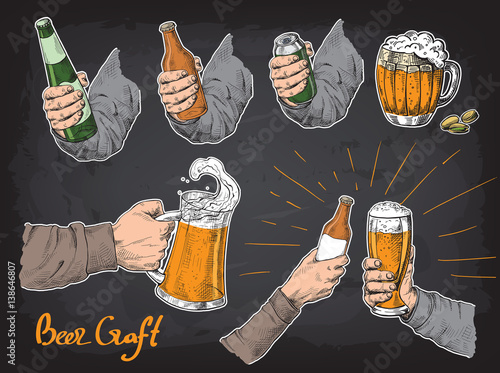 Hands holding and clinking with beer glasses mug bottle in graphic style vector illustration