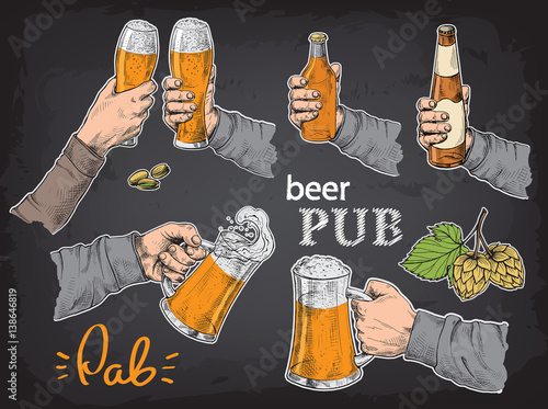 Hands holding and clinking with beer glasses mug in graphic style vector illustration