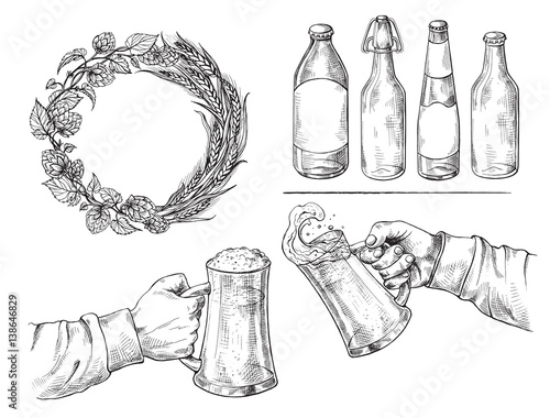 Hands holding with beer glasses mug, wreath, bottle in graphic style vector illustration