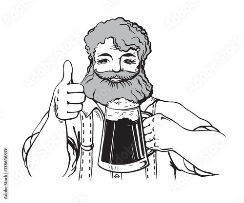 Happy brewer or craftsman's characters holding a mug full of beer in graphic style vector illustration