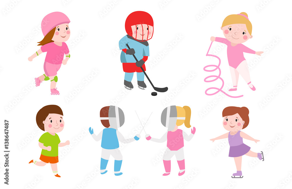 Young kids sportsmens future roller skates gymnastics isolated on white and children young winners after sport school team players vector illustration.