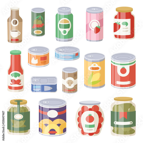 Collection of various tins canned goods food metal container grocery store and product storage aluminum flat label conserve vector illustration.