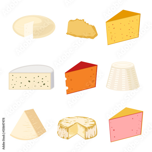 Delicious fresh cheese variety italian dinner icon flat dairy food and milk camembert piece different delicatessen gouda set isolated vector illustration.
