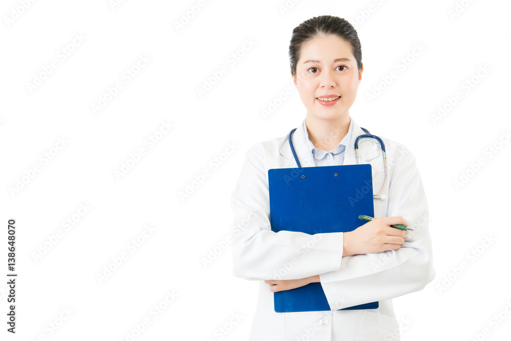 asian doctor holding medical case clipboard smiling camera