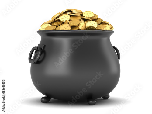 3d render of black pot full of gold coins photo