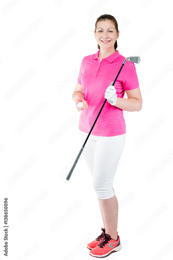 portrait of a woman golfer in full length with the equipment on a white background portrait of a woman golfer in full length with the equipment on a white background