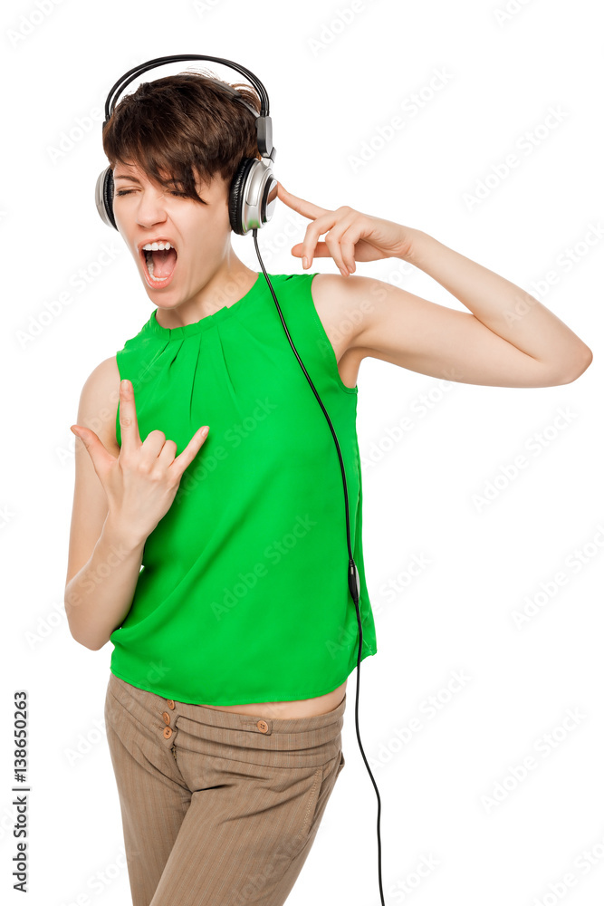 Vertical portrait of woman DJ with headphones on a white background Vertical portrait of woman DJ with headphones on a white background