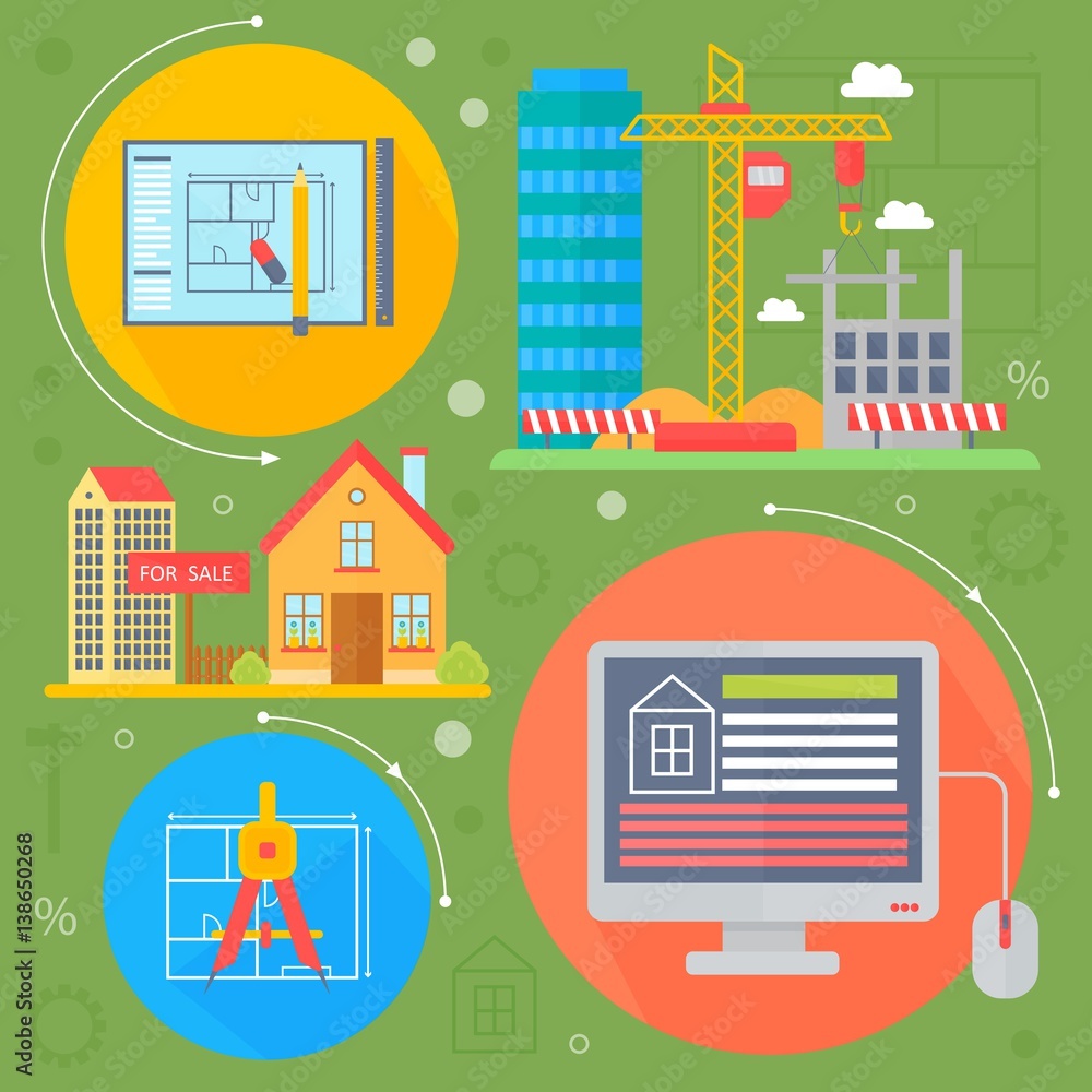 Vector Real estate design concept set with sale and rental market apartment search improvements flat icons infographics design, web elements, poster banners. Vector illustration. Vector Real estate design concept set with sale and rental market apartment search improvements flat icons infographics design, web elements, poster banners. Vector illustration.