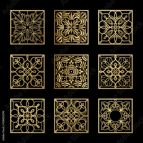 Vintage abstract squares gold on a black background set.