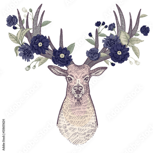 Deer head with antlers decorated with flowers and birds.