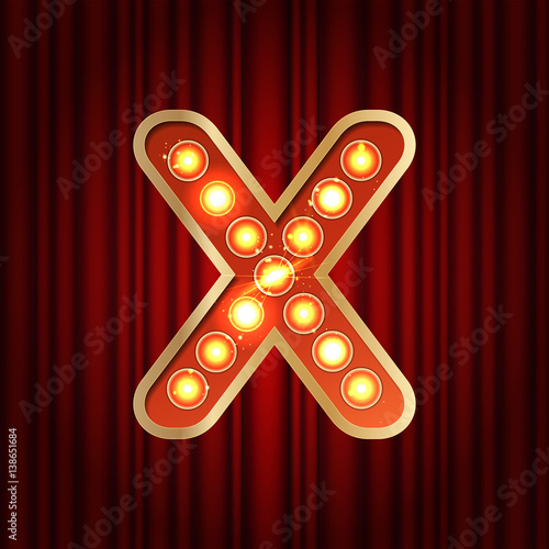 Realistic retro gold lamp bulb font letter X. Part of alphabet in vintage casino and slots style.  Vector shine symbol of alphabet with golden light and sparkles on red curtains background show style