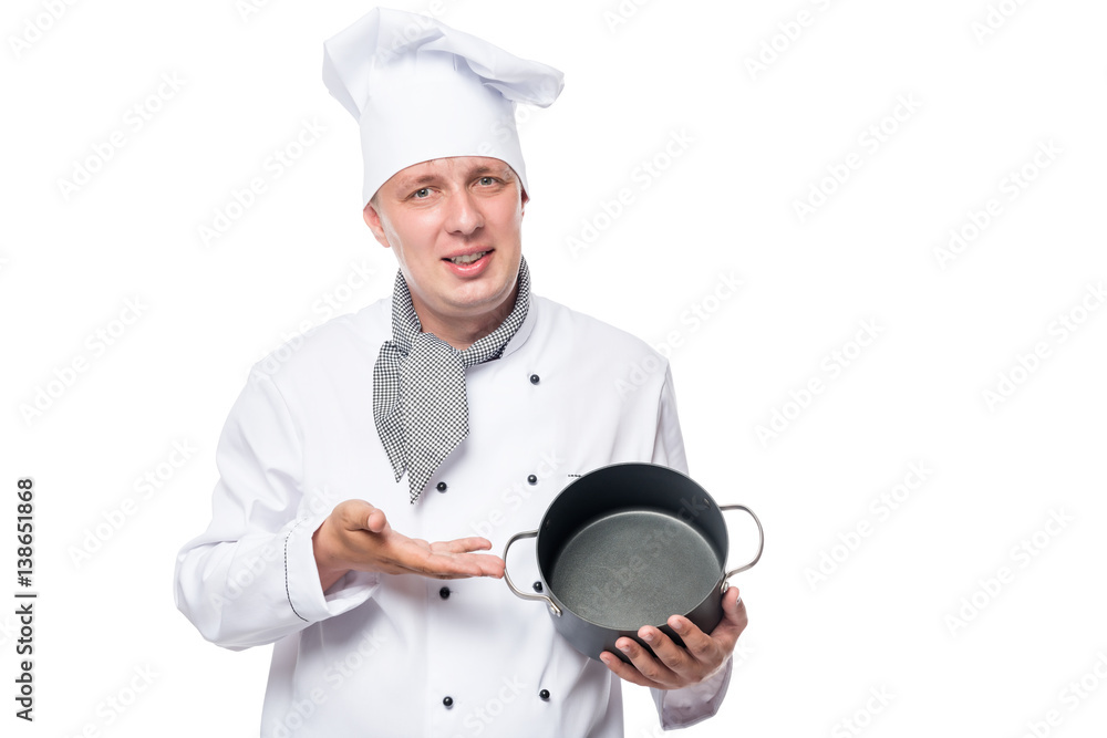 Horizontal portrait of a happy cook with the empty pot in his hands on a white background Horizontal portrait of a happy cook with the empty pot in his hands on a white background
