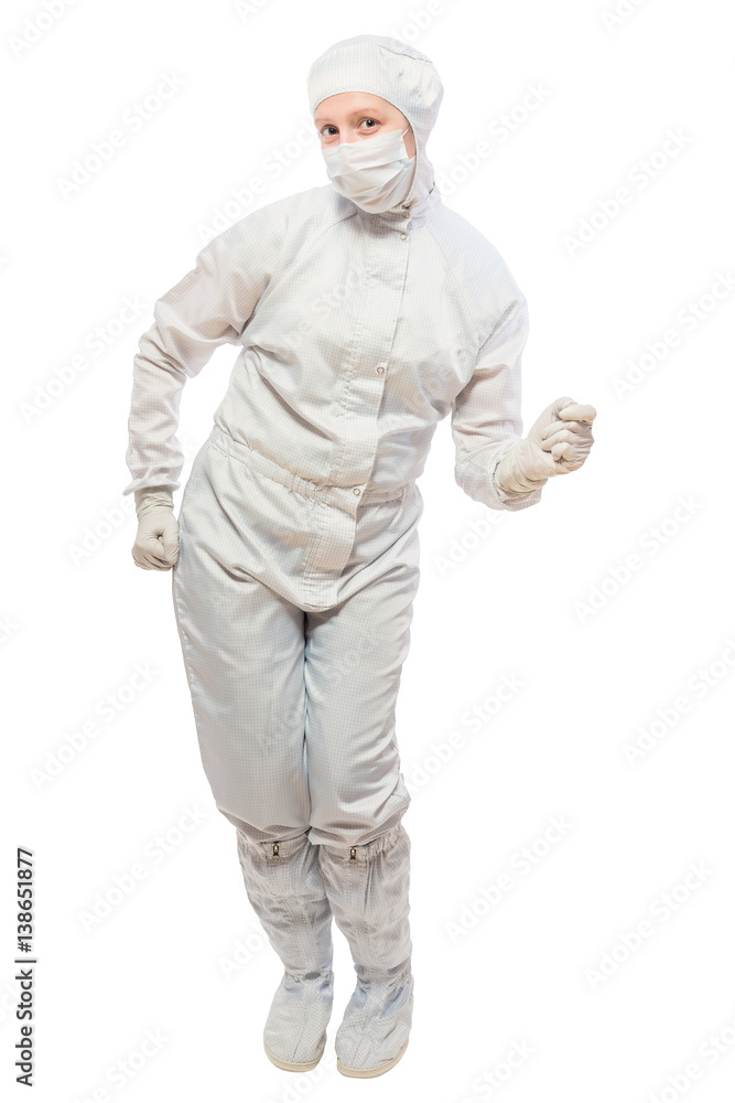 cheerful chemist dancing on a white background isolated in a protective suit