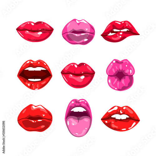 Female glossy colored lips that kiss and show tongue, white teeth or smile and happy, surprised or excited emotions.