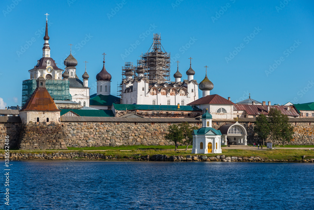 Fototapeta premium View of the Holy - Trinity cathedral and bell-tower of the Solovetsky Monastery. Solovki archipelago, White Sea, Russia.