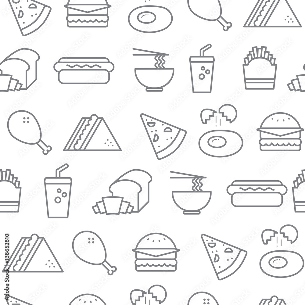 Different line style icons seamless pattern, Fast Food