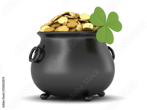 3d render of black pot full of gold coins with shamrock