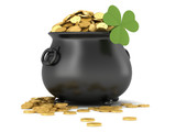 3d render of black pot full of gold coins with shamrock