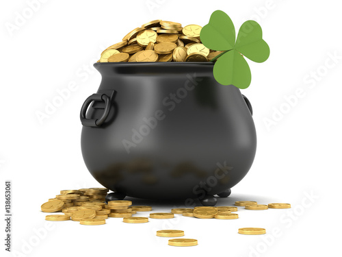 Photo 3d render of black pot full of gold coins with shamrock