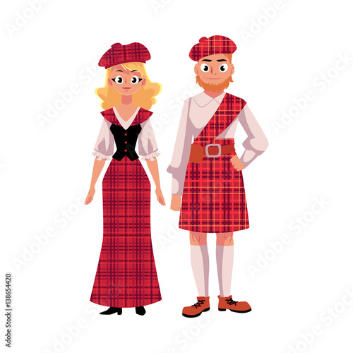 Scottish couple in traditional national costumes, tartan berets and kilts, cartoon vector illustration isolated on white background. Two Scottish people, man and woman, in tartan, plaid and kilts