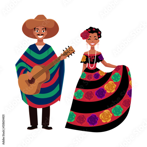 Mexican man and woman in traditional national clothes for celebrations and carnivals, cartoon vector illustration isolated on white background. Mexican people, man and woman, in national costumes