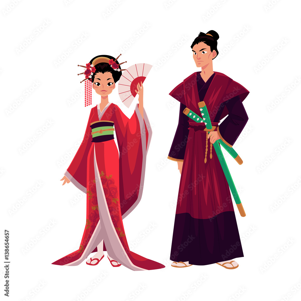 Japanese geisha and samurai in traditional kimono, symbols of Japan,  cartoon vector illustration isolated on white background. Full length  portrait of typical Japanese geisha and samurai Stock Vector