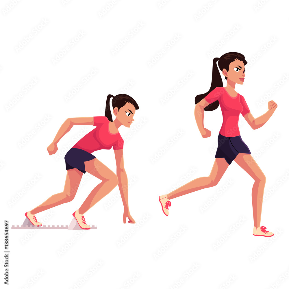 Young and pretty female runner, sprinter, jogger, ready to start and running, cartoon vector illustration isolated on white background. Woman, girl running, sprinter, track and field, competition Stock Vector | Adobe Stock Young and pretty female runner, sprinter, jogger, ready to start and running, cartoon vector illustration isolated on white background. Woman, girl running, sprinter, track and field, competition Stock Vector | Adobe Stock