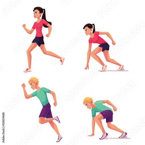 Set of runners, male and female, running and standing on starting blocks, cartoon vector illustration isolated on white background. Man and woman running and ready to run, sprint, track and field