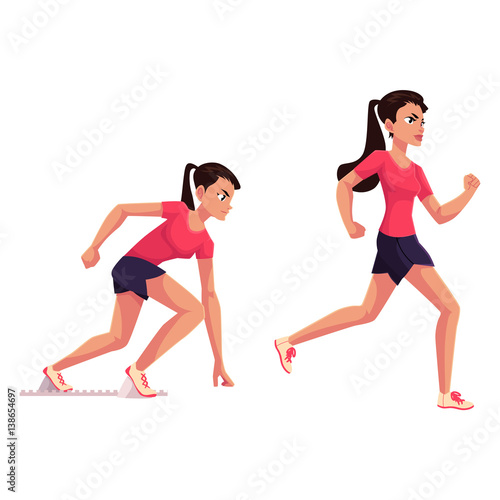Young and pretty female runner, sprinter, jogger, ready to start and running, cartoon vector illustration isolated on white background. Woman, girl running, sprinter, track and field, competition