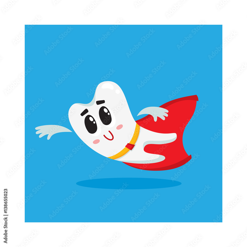 Cute and happy shiny white tooth character as superhero flying, saving, rescuing, protection concept, isolated cartoon vector illustration. Happy tooth character, mascot, dental health care symbol Cute and happy shiny white tooth character as superhero flying, saving, rescuing, protection concept, isolated cartoon vector illustration. Happy tooth character, mascot, dental health care symbol