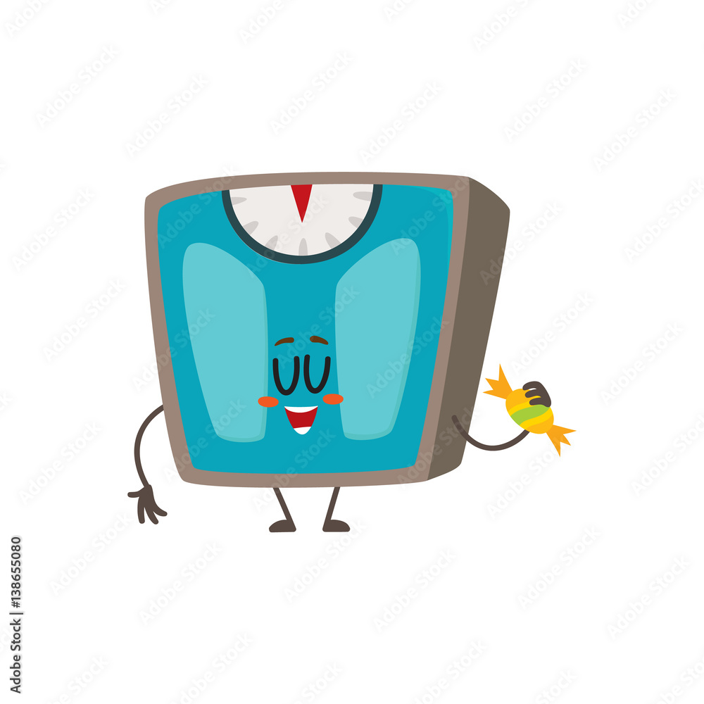 Funny bathroom weight scale character with smiling human face holding a  candy, cartoon vector illustration isolated on white background. Smiling  bathroom scale character, weight management tool Stock Vector | Adobe Stock