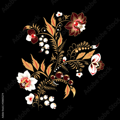 stock vector abstract hand draw flower and wave, doodle bouquet. oriental or arabic, russia art background. template for card. banner