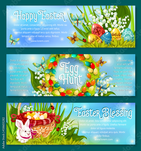 Easter Egg Hunt celebration banner template set. Patterned Easter egg hidden in green grass, rabbit bunny with egg hunt basket and floral Easter wreath of lily flowers and leaves with butterflies