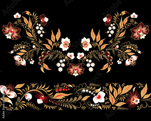stock vector flowers and leaf ornament. oriental or russian pattern.necklace embroidery design