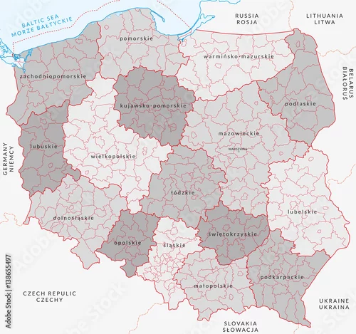 Obraz Wektorowa mapa podziału administracyjnego Polski vol.3