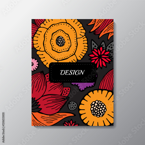 Stock vector cartoon hand draw corporate identity vertical banner with isolated big flower. background. template for card