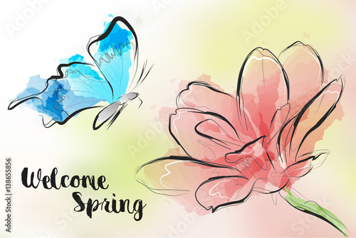 Fototapeta Naklejka Na Ścianę i Meble -  Welcome spring. Greeting card with a butterfly flying to a flower.