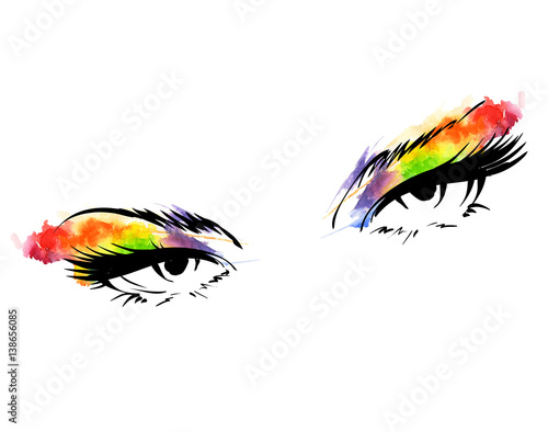 Women's eyes with make-up abstract watercolor illustration. Fash