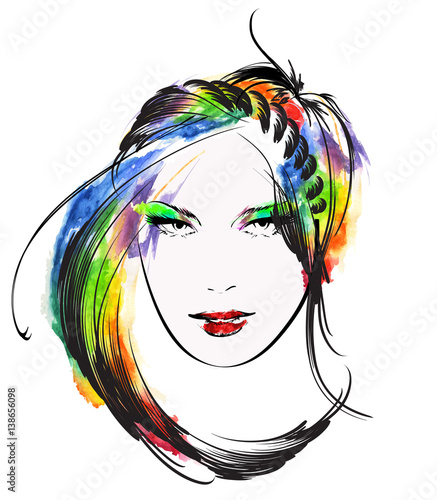 Woman face. Hand painted watercolor fashion illustration