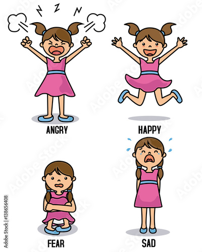 Girl with different emotions. Happy, angry, sad and scared