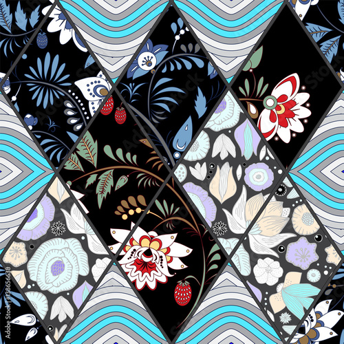 abstract seamless patchwork tile with floral ornament.arabic or orient pattern. vintage style