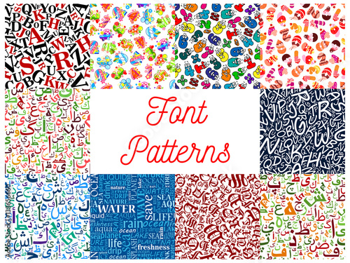 Letter and number font seamless pattern set of kid digit, capital characters, arabic alphabet calligraphy, gothic roman type and water word cloud