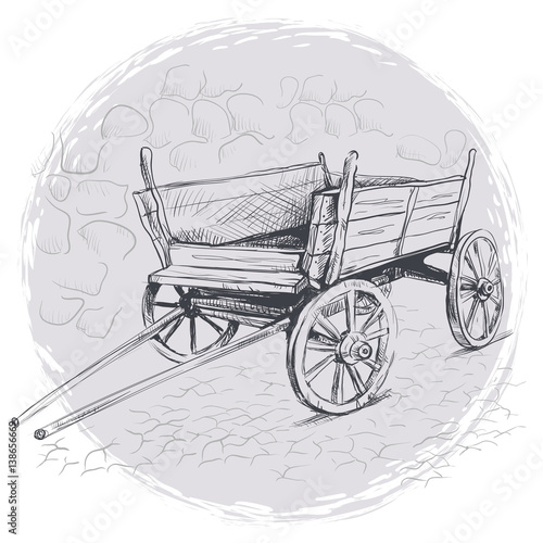 pencil drawing old cart on a gray background