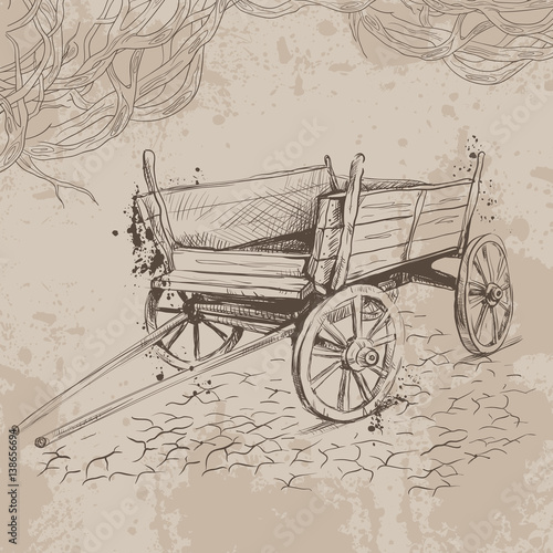 pencil drawing old cart on a beige background