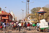 Crowded and traffic packed world famous market Chandni Chowk situated in front of Historical Red Fort.