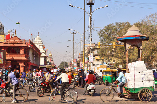 Crowded and traffic packed world famous market Chandni Chowk situated in front of Historical Red Fort.